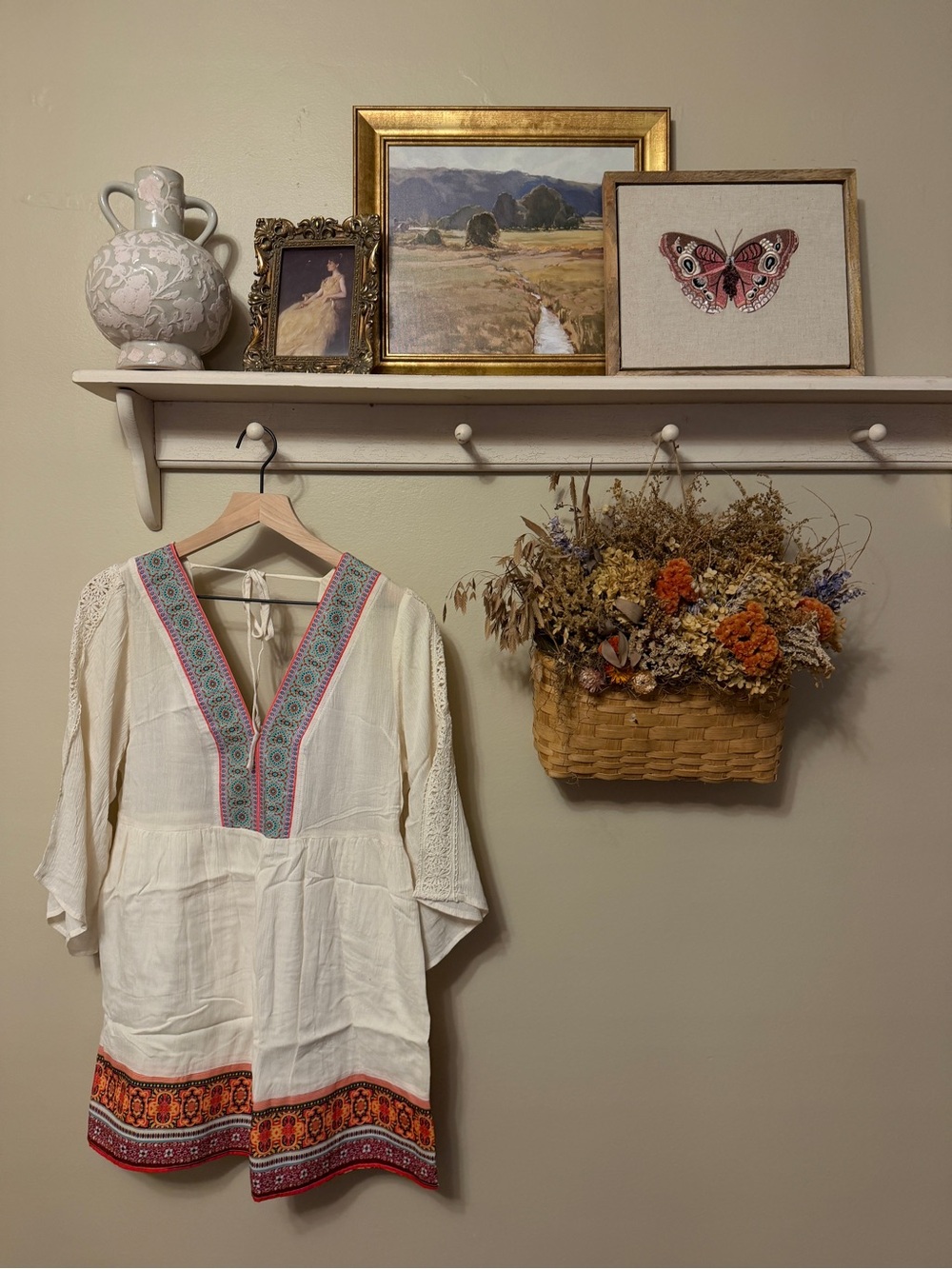 Boho Embroidered Cream Tunic with Multicolor Trim